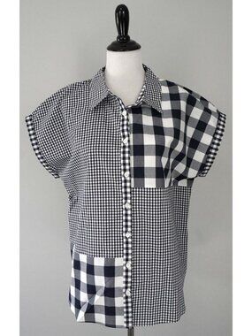 CJ BANKS Black White Check Button Up Collared Shirt Plus Size X 14 W
